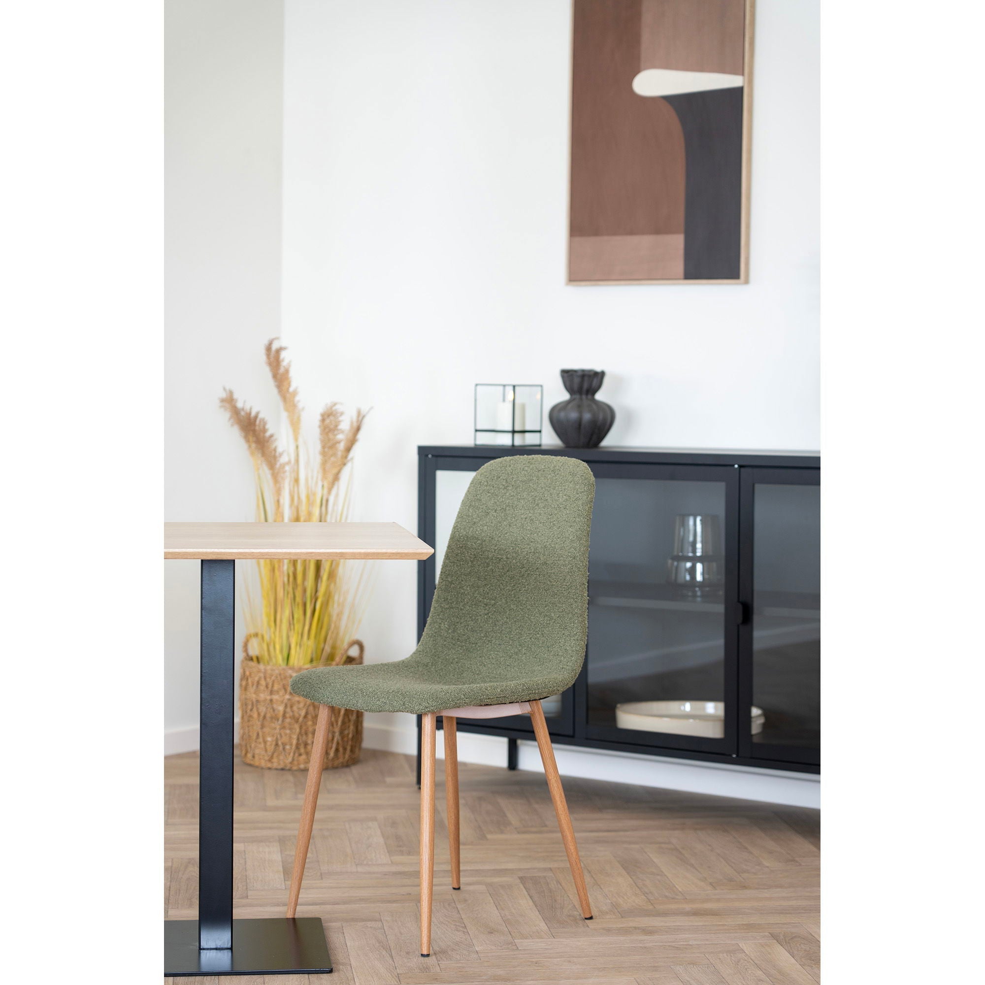 Chaise de salle à manger, bouclé, vert foncé, pieds effet bois