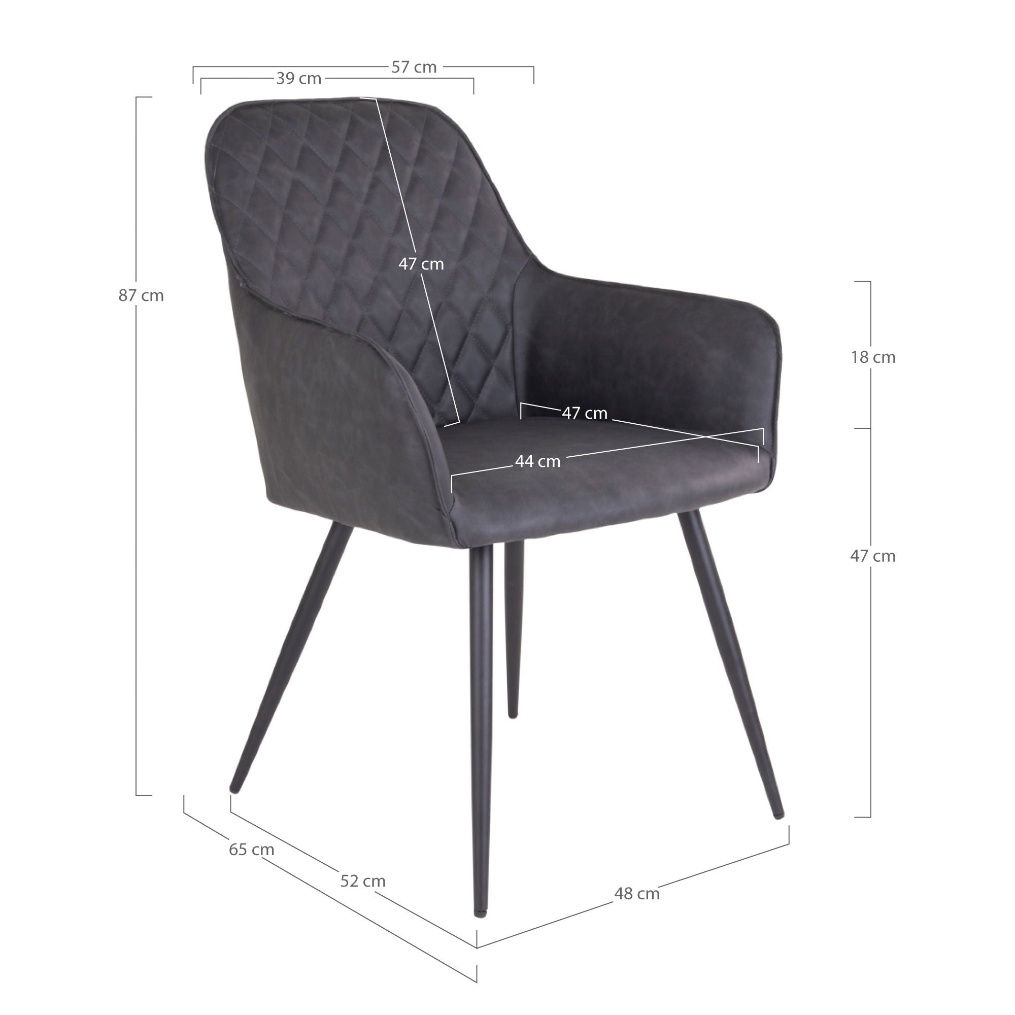 Chaise de salle à manger, cuir PU, gris foncé, pieds noirs
