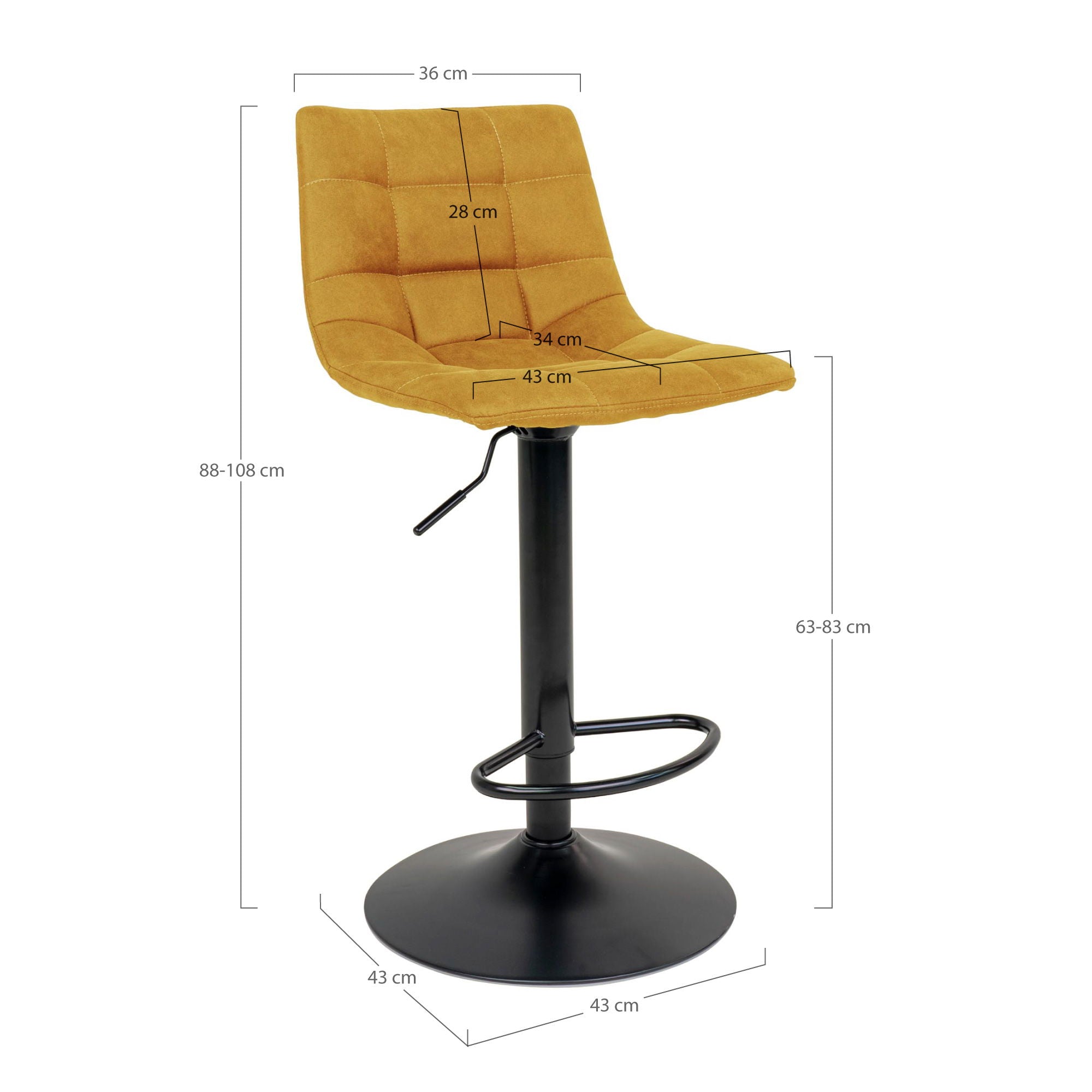 Chaise de bar, velours, jaune moutarde, pieds noirs