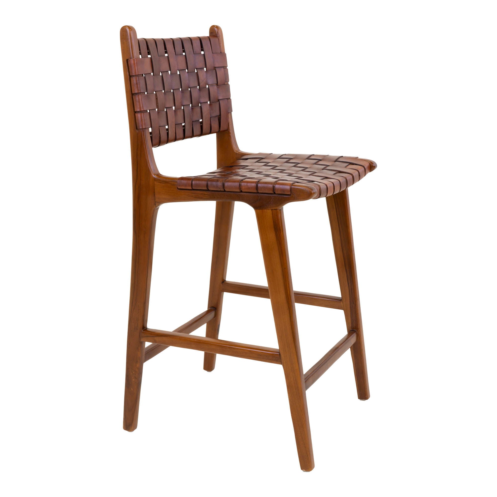 Chaise de comptoir, cuir, brun, pieds en teck